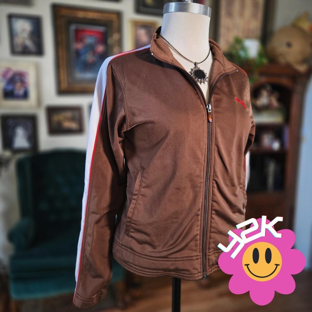Puma Track Jacket‎ Vintage Y2K Brown White Red Stripe Zip Up Sporty Womens Small
